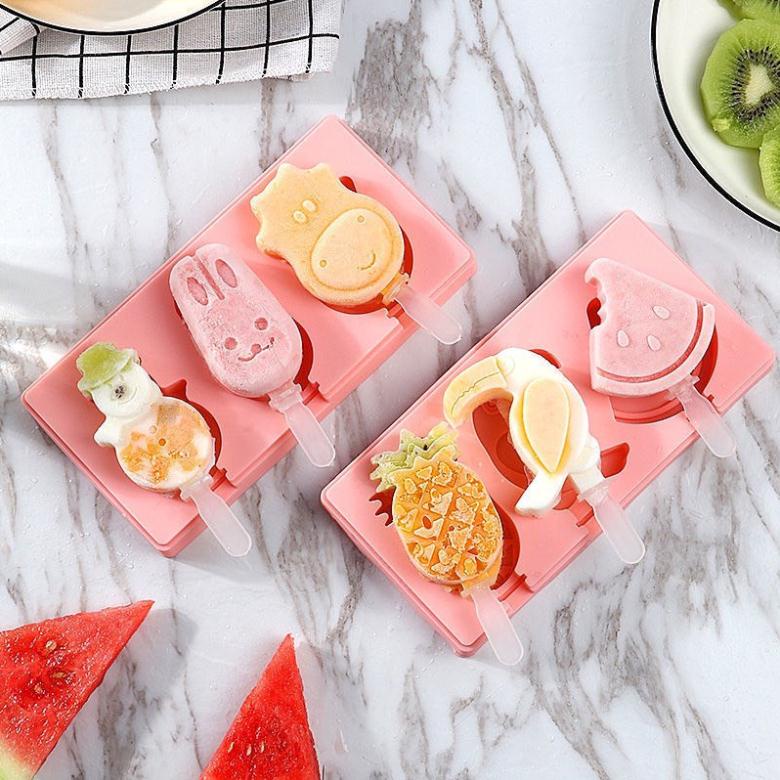 Khuôn làm kem 3 ô que silicon có nắp đậy