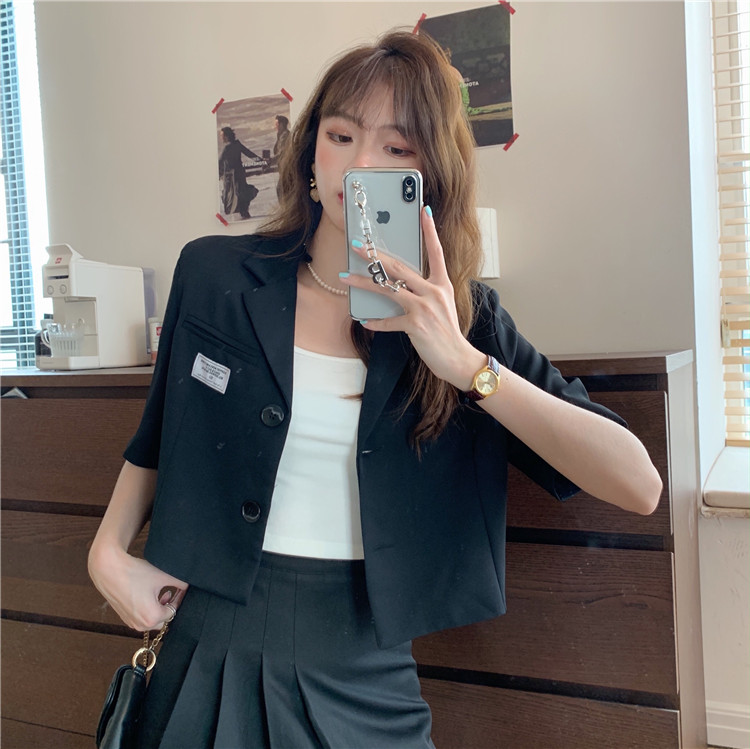 Áo blazer nữ tay ngắn hàn quốc 2021, Áo blazer croptop nữ đẹp mùa hè màu đen trắng cổ V thời trang