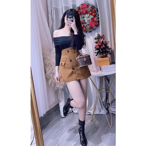 Set áo bẹt vai phối chân váy nút. alohashop91