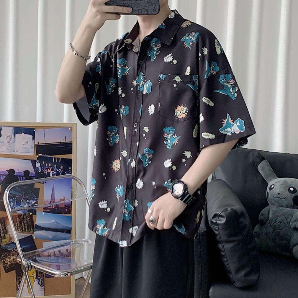 Áo sơ mi nam nữ cặp đôi ngắn tay họa tiết con khủng long cực dễ thương *