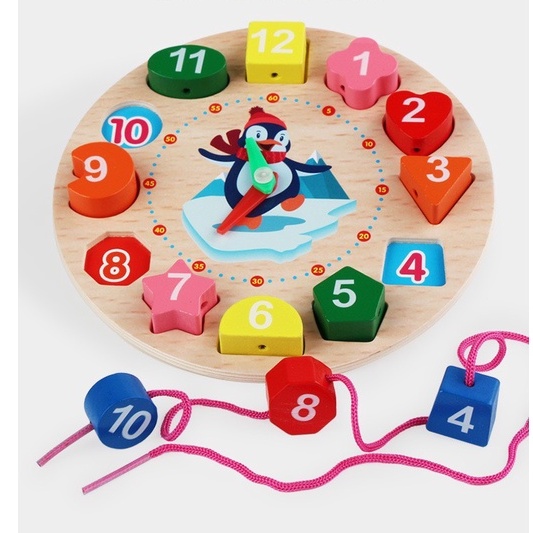 Đồng hồ xâu hạt đồ chơi gỗ cho bé nhận biết hình khối và chữ số