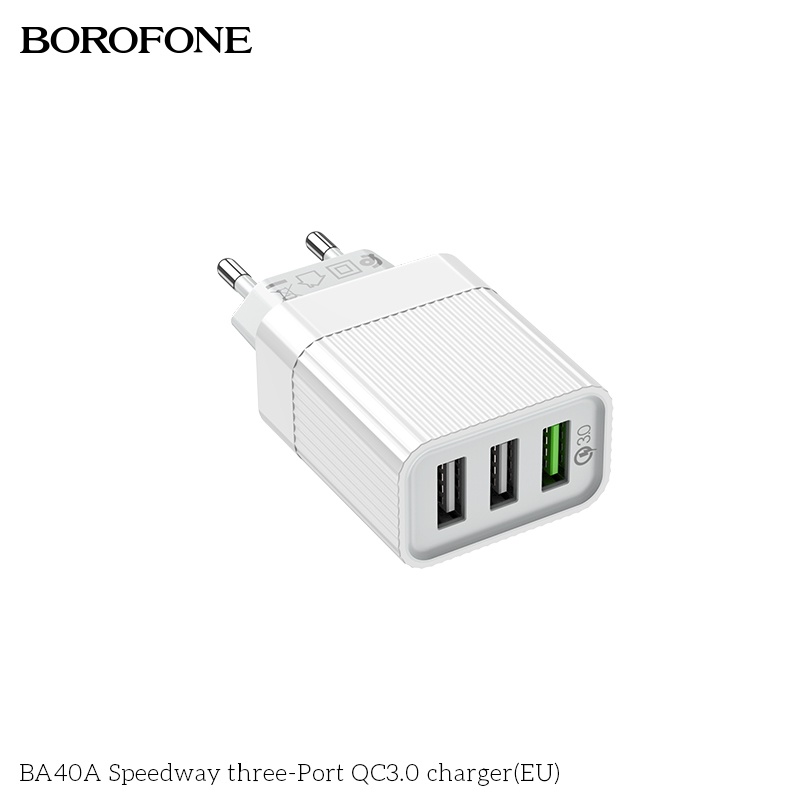 Củ sạc nhanh 18W-QC3.0 BOROFONE BA40A gồm 3 cổng USB dòng 3A - Chính hãng