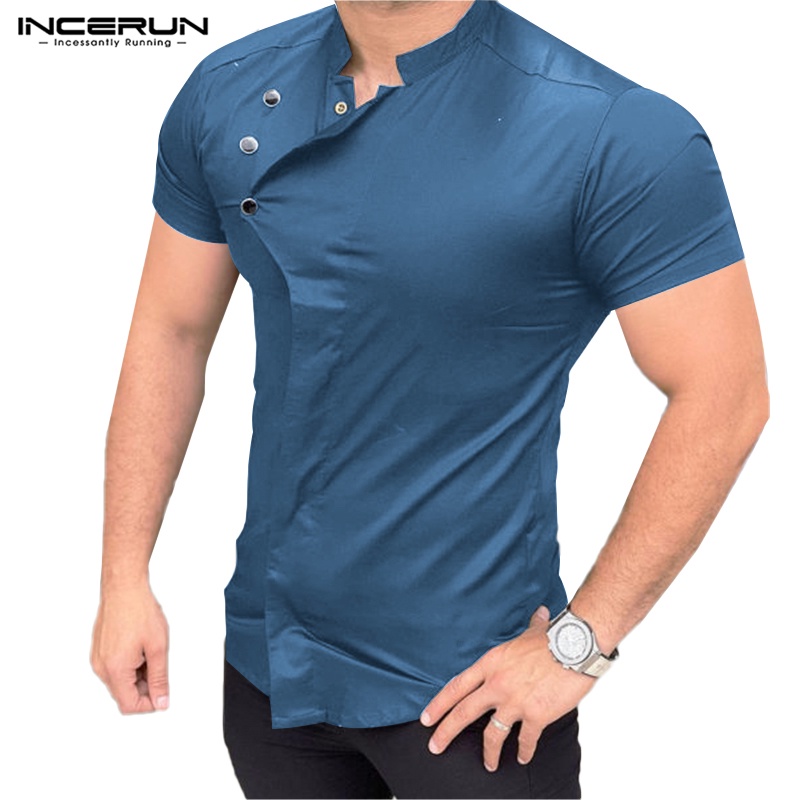 INCERUN Áo Sơ Mi Tay Ngắn Màu Trơn Phối Nút Thiết Kế Độc Đáo Thời Trang Cho Nam