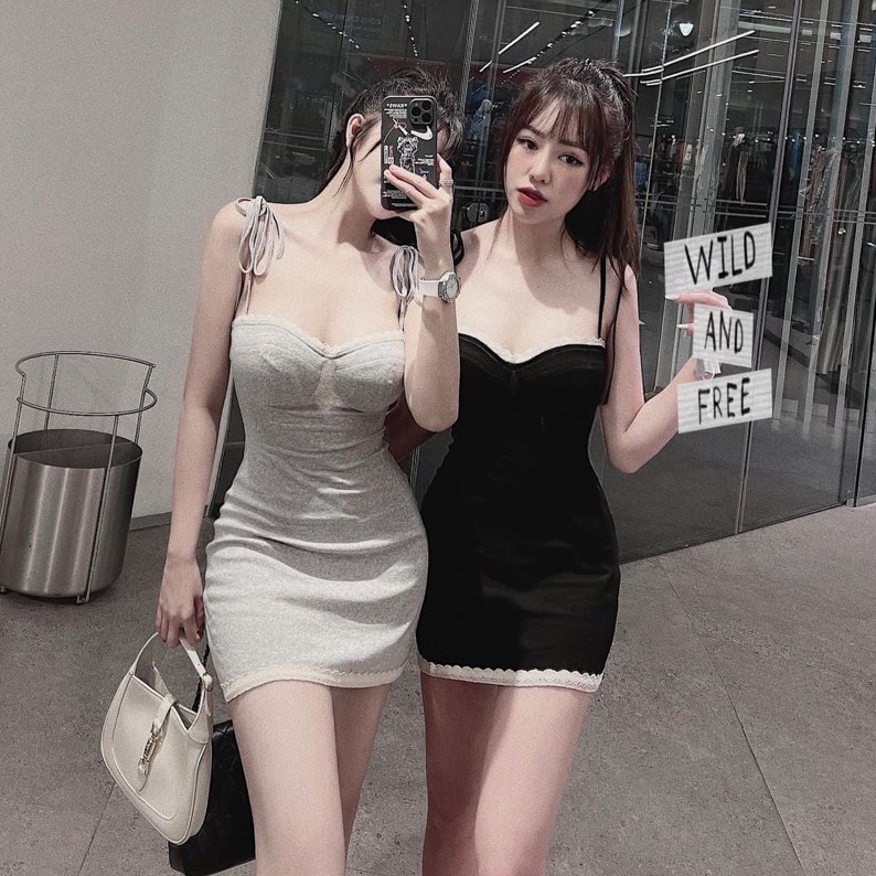 Váy Body 2 Dây Viền Ren Có Đệm Ngực Khóa Lưng Sexy