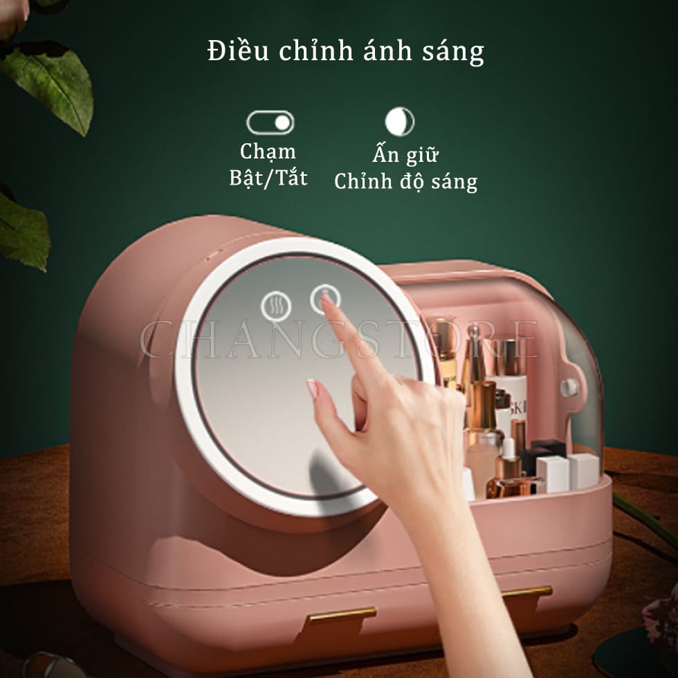 Kệ đựng đồ trang điểm, Hộp đựng mỹ phẩm nhập khẩu Kèm gương, đèn LED, quạt - Hàng cao cấp