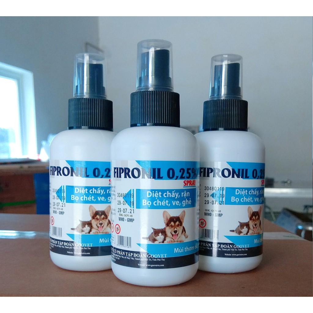 Thuốc diệt ve, ghẻ, bọ chét, chấy… ở chó, mèo, lọ 100 ml, Fipronil 0.25% Spray