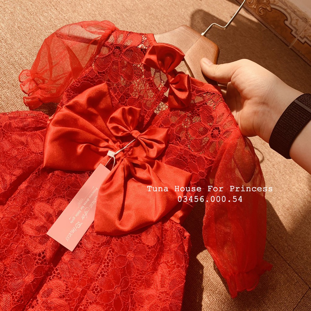 Váy đầm xoè công chúa ren đỏ Calista mặc thôi nôi đầy tháng tặng băng đô - Tuna House For Princess