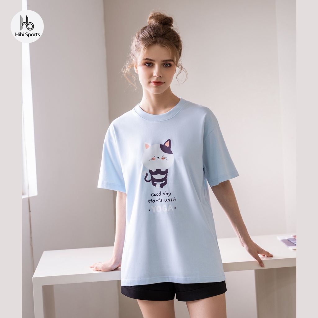 Áo thun tay lỡ Hibi Sports YOGA CAT ST005 kiểu phông unisex nam nữ, vải cotton Premium, form oversize