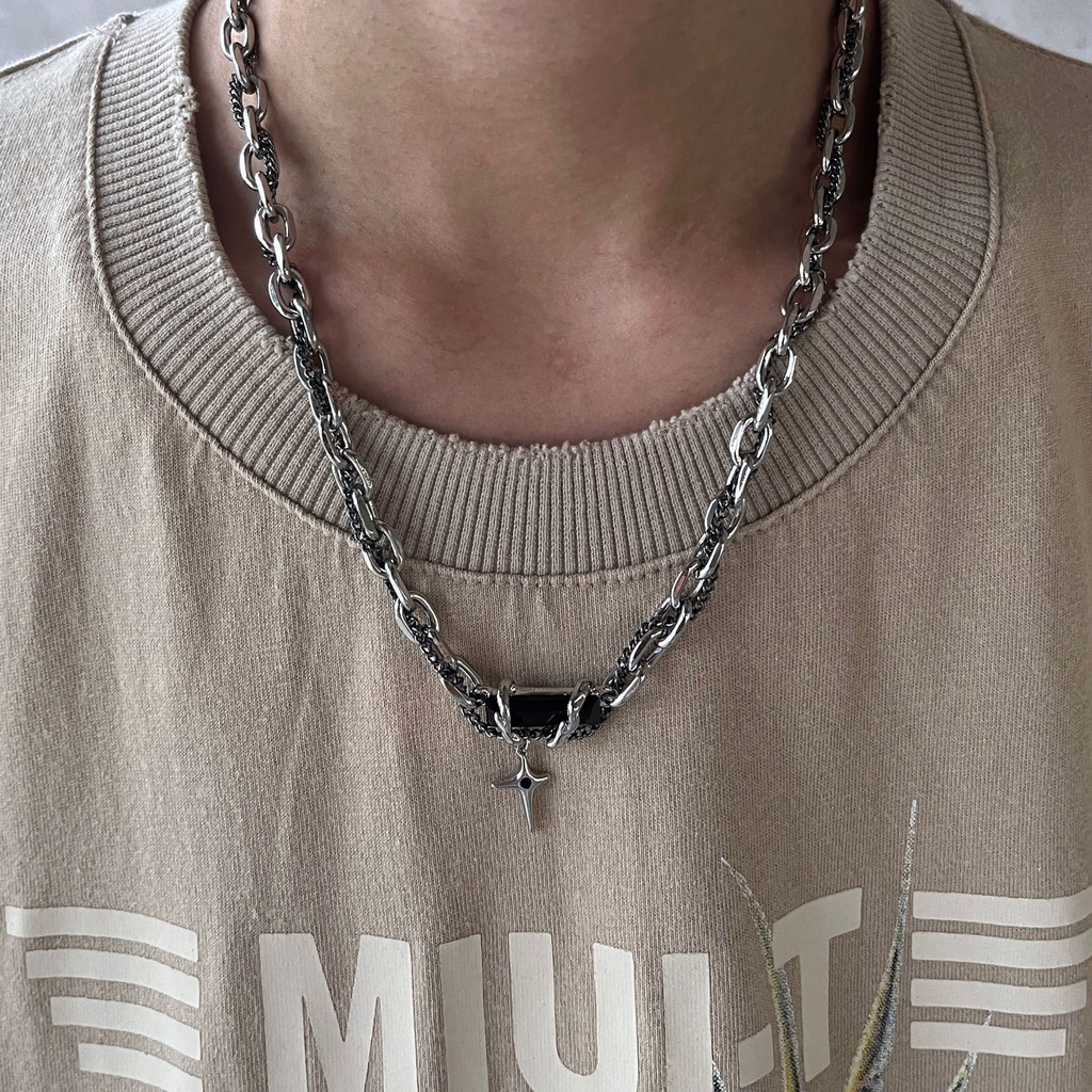 Vòng cổ Nhiều Lớp Đính Đá zircon Màu Đen Phong Cách Đường Phố Cá Tính