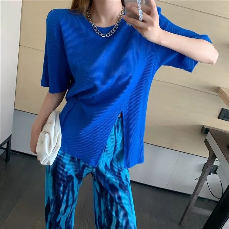 Áo thun IELGY tay ngắn dáng suông xẻ tà tùy chọn màu sắc dễ phối đồ thời trang hè cho nữ