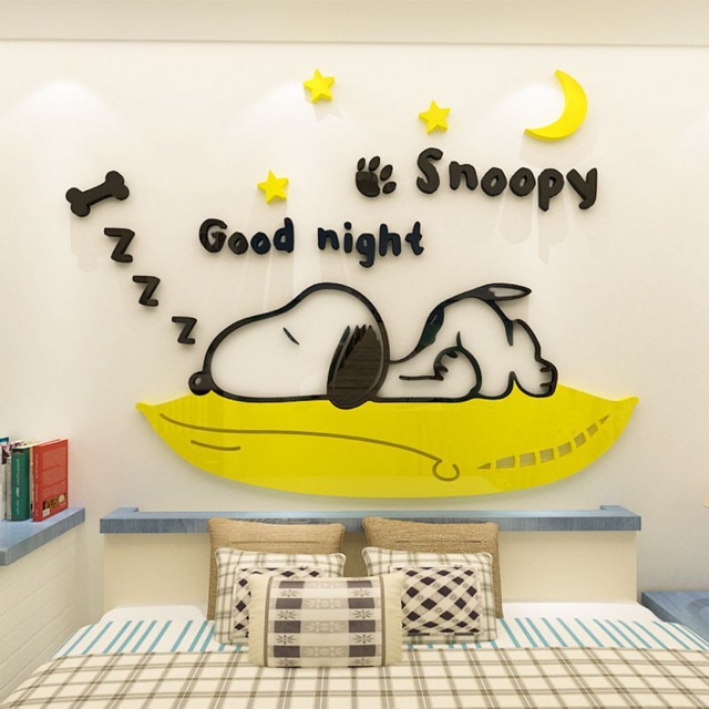Tranh dán tường mica 3d, snoopy chất liệu mica dán nổi trang trí phòng cho bé