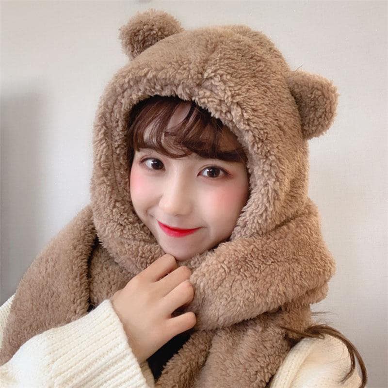 Mũ lông cừu tai gấu kèm khăn quàng cổ và găng tay ấm áp ulzzang Hàn Quốc