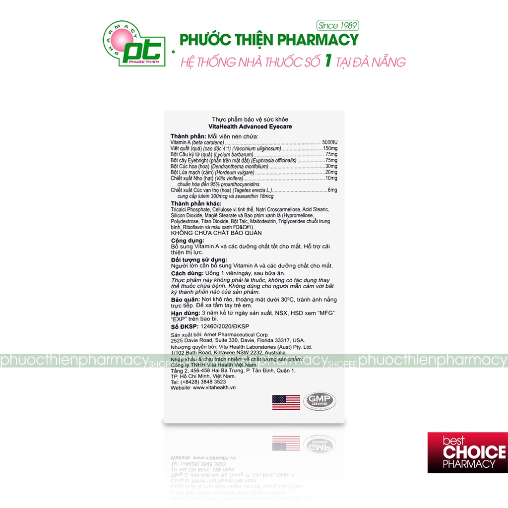 Viên uống bổ mắt, sáng mắt, tăng thị lực của Mỹ VitaHealth Advanced Eyecare 30 viên Vitamin cho mắt Eye Care