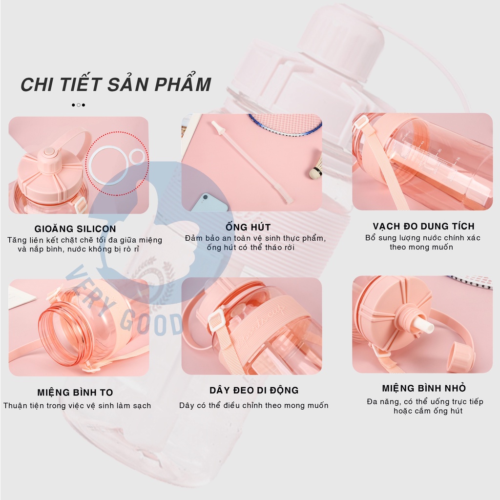 Bình đựng nước thể thao văn phòng tập gym Sports  từ 0,6 - 2 lít chia vạch cao cấp tặng dây đeo và ống hút