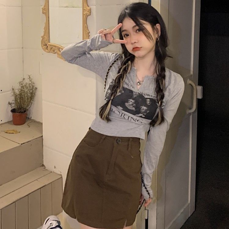 Áo Thun Tay Dài Cổ Chữ V Dáng Ôm In Họa Tiết Xinh Xắn Thời Trang Hàn Quốc Cho Nữ