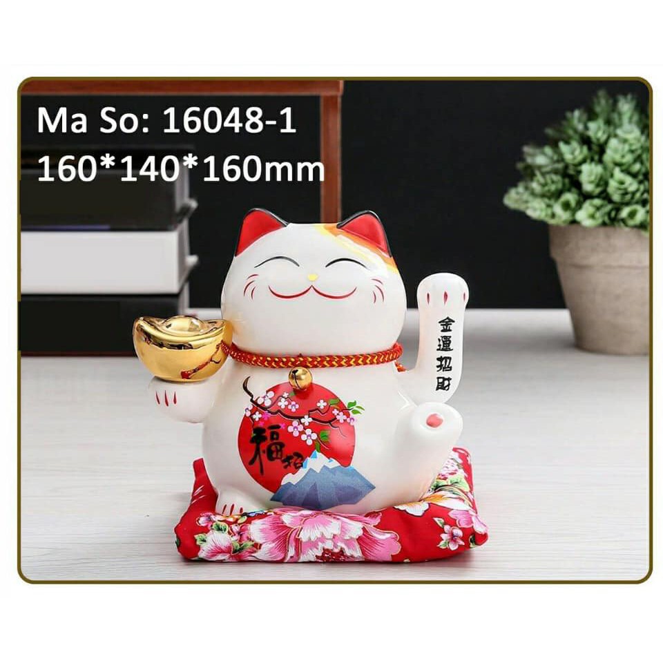 [Big Sale] Mèo Thần Tài Sứ , Mèo May Mắn Maneki Neko vẫy tay cao 16cm