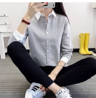 Áo sơ mi sọc viền trắng