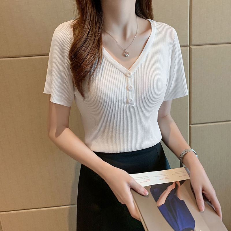 Áo Thun Dệt Kim Tay Ngắn Cổ Chữ V Dáng Ôm Thời Trang Hàn Quốc Cho Nữ N145