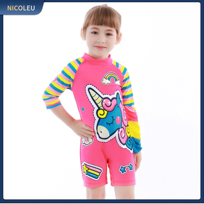 Nicoleu | Bộ Đồ Bơi 2 Mảnh Áo Liền Quần Tay Dài + Mũ Chống Nắng Có Dây Kéo Sau Lưng Tay Dài Dành Cho Bé Gái