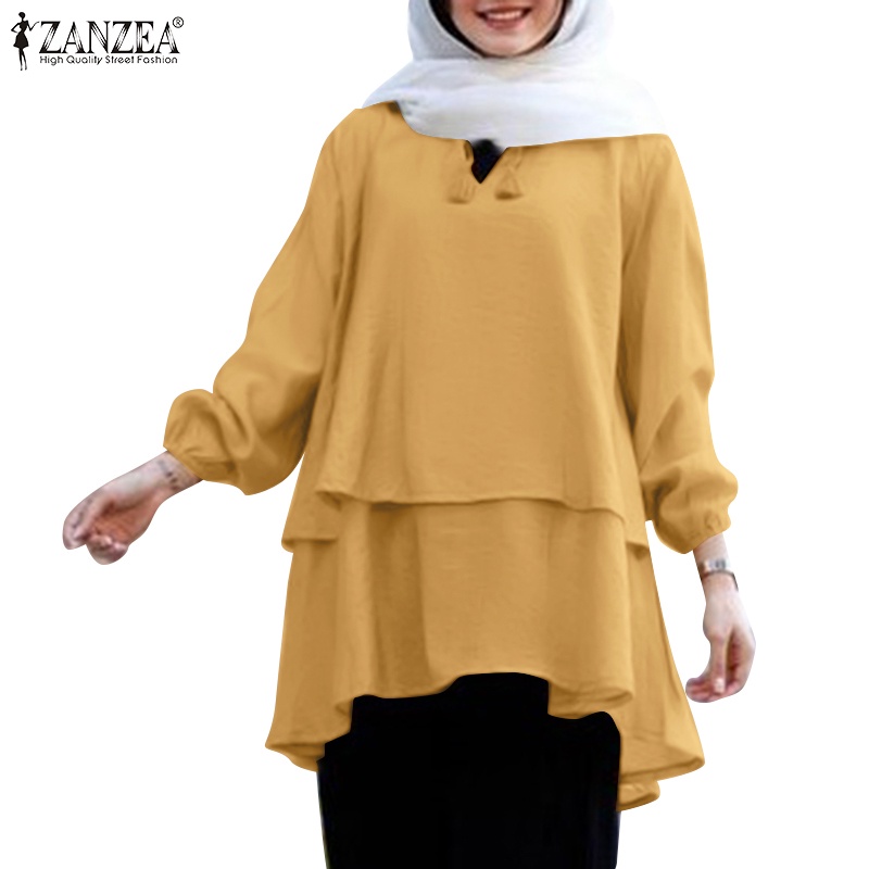 Áo kiểu nữ ZANZEA cổ chữ V tua rua hai lớp màu trơn cho phụ nữ hồi giáo