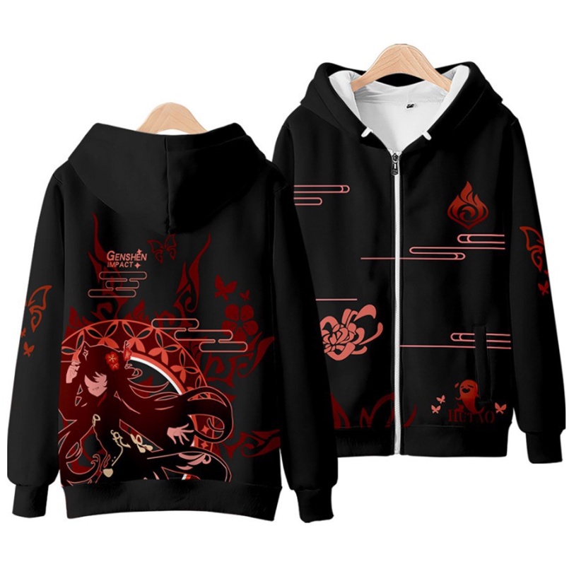Áo Khoác Hoodie Tay Dài Dáng Rộng Có Khóa Kéo In Họa Tiết Genshin Va Chạm Hu Tao 3D Thời Trang Unisex 2022