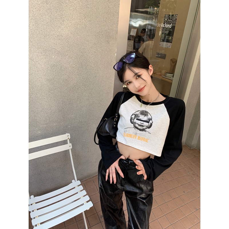 Áo thun dáng lửng tay dài phong cách retro cổ điển dành cho nữ