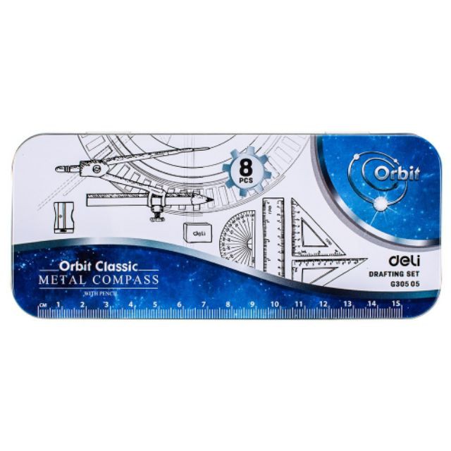 BỘ THƯỚC KẺ COMPA HỘP SẮT DELI 8 món
