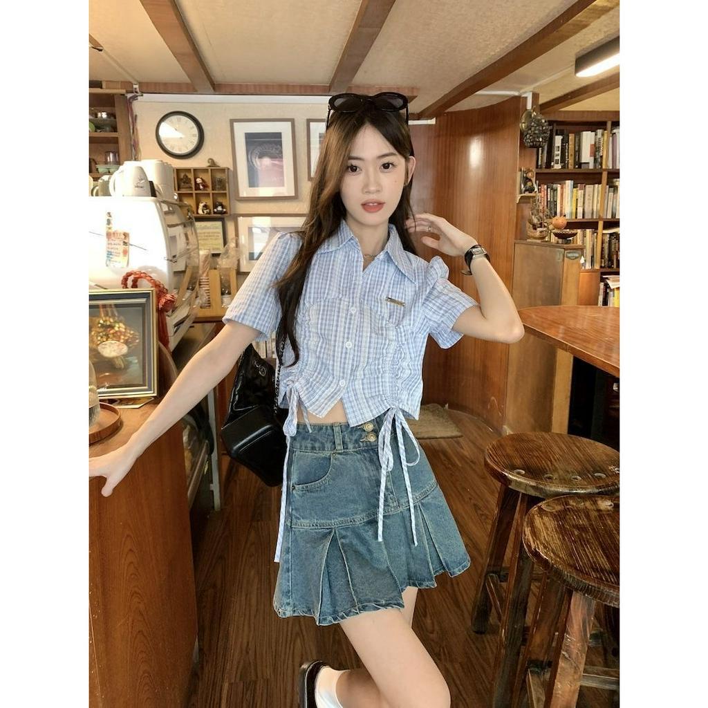 QADCOL Áo Sơ Mi polo Tay Ngắn Kẻ Sọc Xanh Dương Cao Cấp Thời Trang Mùa Hè Dành Cho Nữ