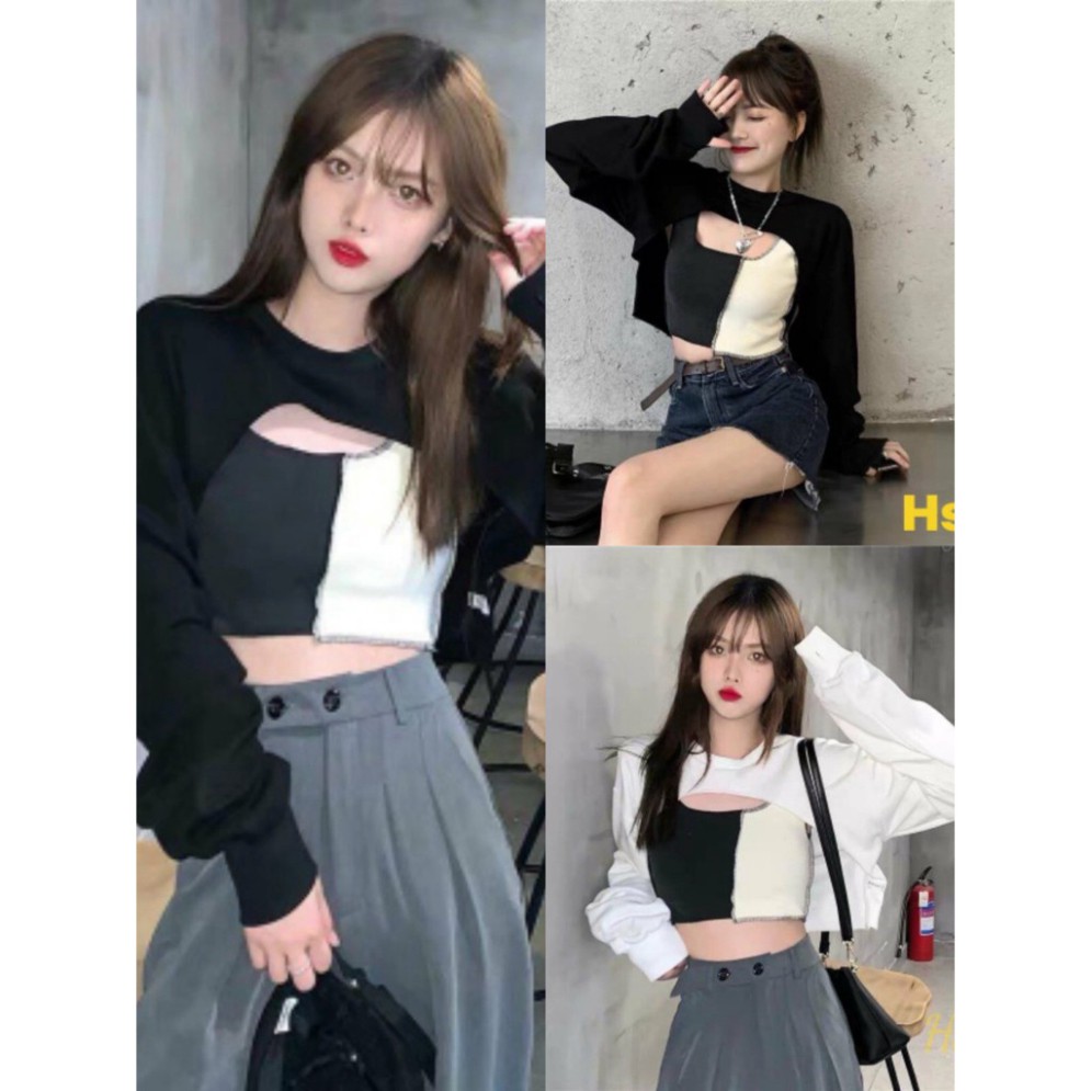 Bộ Áo Croptop Nữ Phối Màu Đen Trắng , Dài Tay Kèm Áo Trong 2 Màu X022