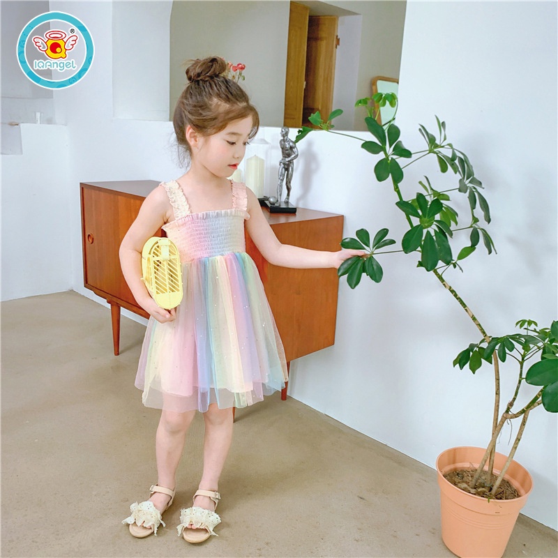 Đầm hai dây IQ ANGEL phối lưới màu cầu vồng xinh xắn cho bé gái