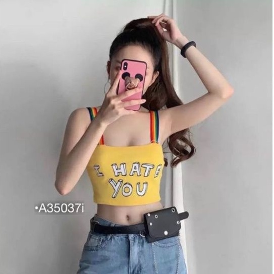 Áo thun nữ ,Áo croptop Nữ sexy in Chữ hai dây sọc cầu vồng ,Thun dẻo co dãn,màu vàng (Có ảnh thật)