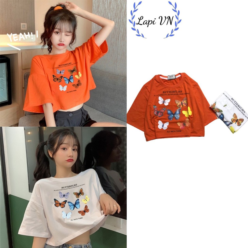 Áo Croptop Nữ Tay Lỡ In Hình Nhiều Bướm Lapi VN Phong Cách Ulzzang Freesize Phom Rộng, Áo Thun Unisex