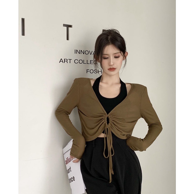 Cocory vn Set Áo Hai Dây Dệt Kim Cổ Chữ U + Áo Khoác Tay Dài Dáng Rộng Thời Trang Mùa Hè Cho Nữ