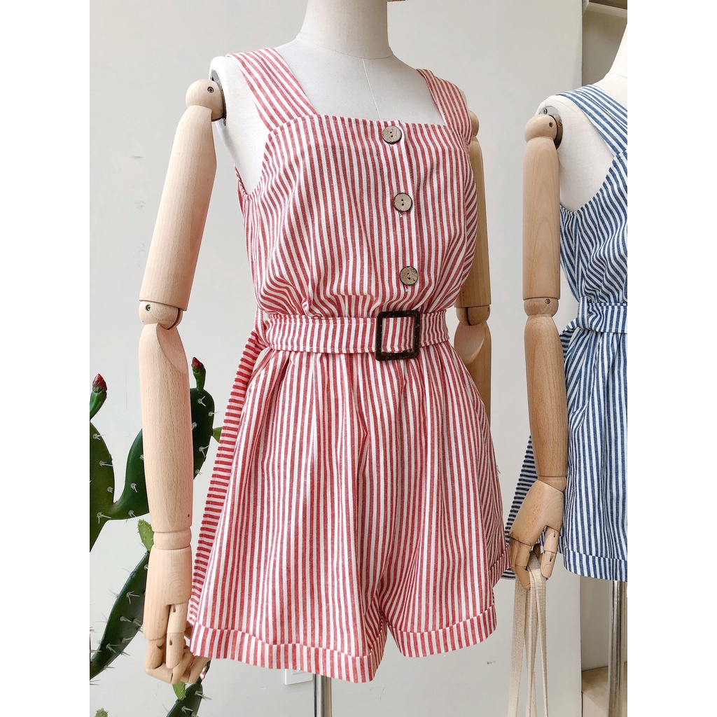Bộ jumpsuit ngắn nút gỗ kèm nịt - HJN04 (FS Sọc Đỏ/ Sọc Xanh) | BigBuy360 - bigbuy360.vn