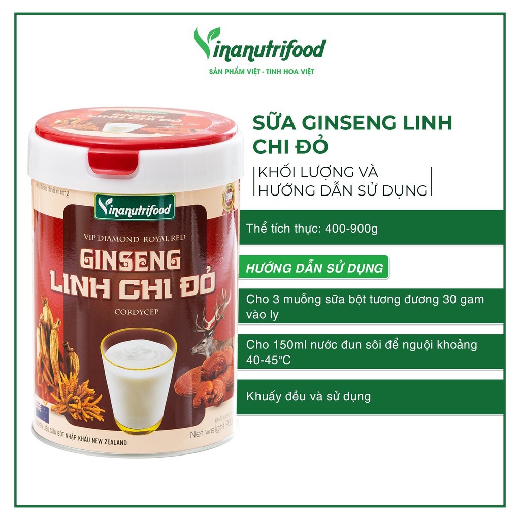 Sữa bột Ginseng Linh Chi Đỏ Vinanutrifood chứa DHA, Omega3, Choline bổ sung sắt, kẽm, magie hộp 900g