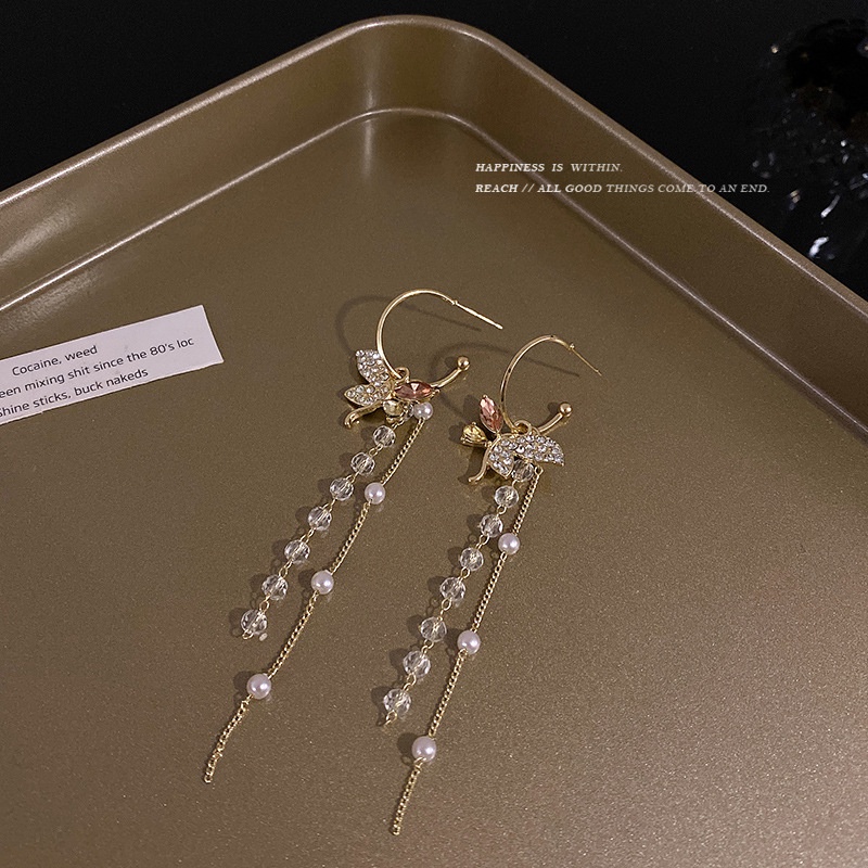 Bông Tai Bạc 925 Dáng Dài Phối Tua Rua Hình Bướm Đính Đá Pha Lê Thời Trang Sang Trọng Cho Nữ