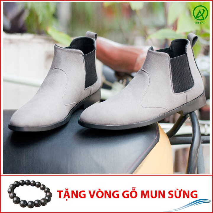 [Shop Uy Tín] Giày Chelsea Boot Nam Cổ Chun Da Búc Xám Phong Cách Hàn Quốc - CB520-bucxamhun(GM)- Kèm Vòng Gỗ Mun