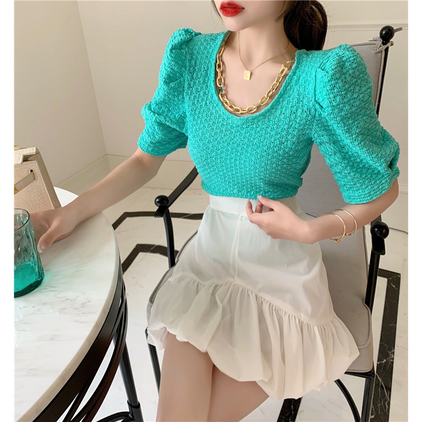 Korean Fashion Short Sleeve Top + Slim High Waist Pure Color Short Skirt Women