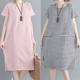 heerryzon Women Plaid Baggy Short Sleeve Plus Size Casual Loose Cotton Linen Summer Dress