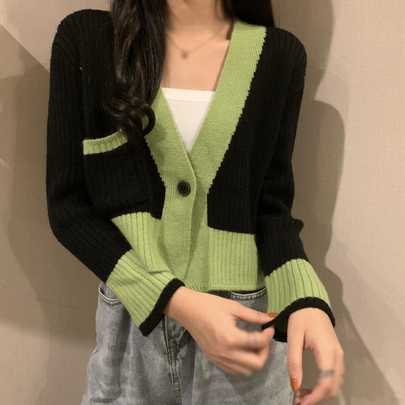 Áo Khoác Cardigan Dệt Kim Tay Dài Phối Màu Tương Phản  Phong Cách Hàn Quốc  Cho Nữ