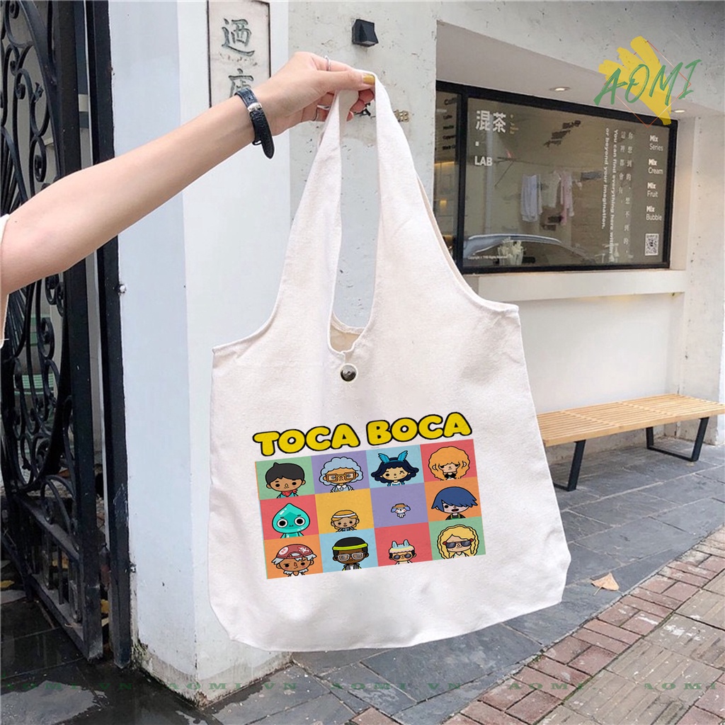 TOTE CANVAS  TOCA BOCA LIFE FORM TRÒN TÚI VẢI ĐEO VAI BAG NÚT BẤM SIZE LỚN AOMIVN DU LỊCH DẠO PHỐ CÁ TÍNH