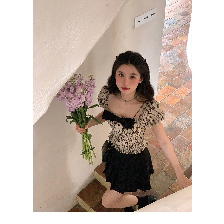 Áo Sơ Mi Ngắn Tay Đính Nơ Họa Tiết Hoa Phong Cách Pháp Mẫu Mới 2022 Thời Trang Mùa Hè Cho Nữ