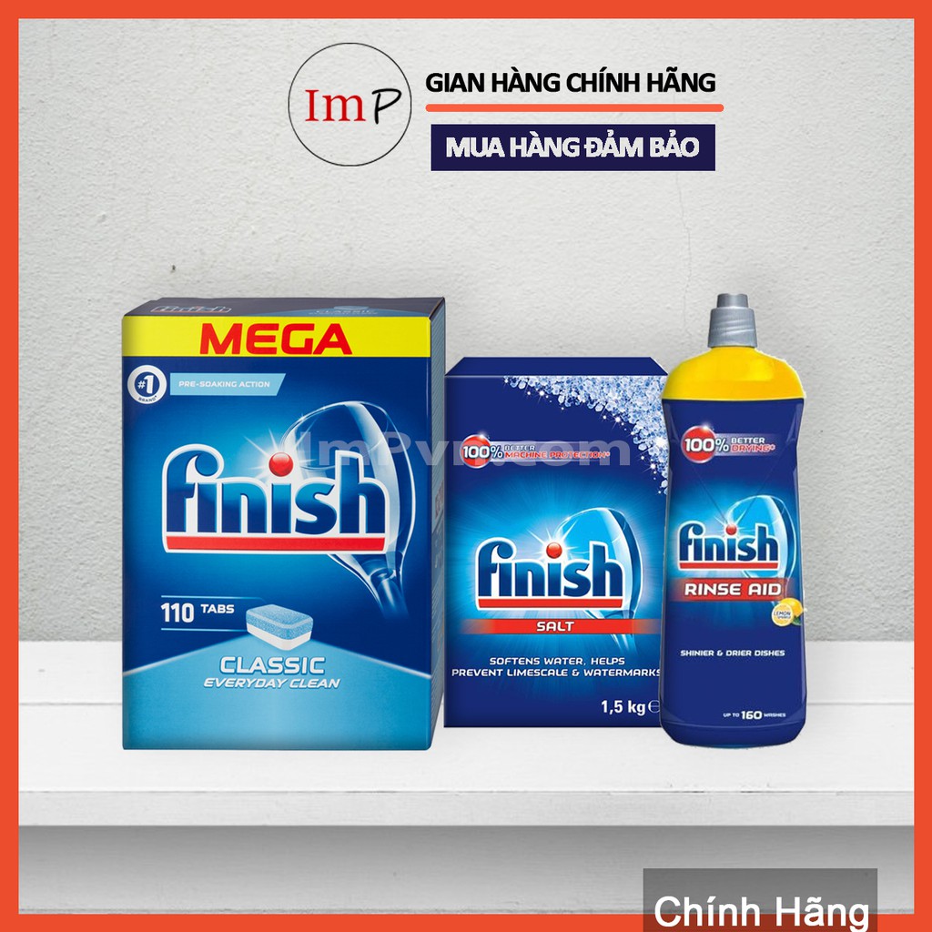 Combo Viên rửa bát Finish Hộp Classic 110 viên, Muối 1.5kg, Nước làm bóng 800ml