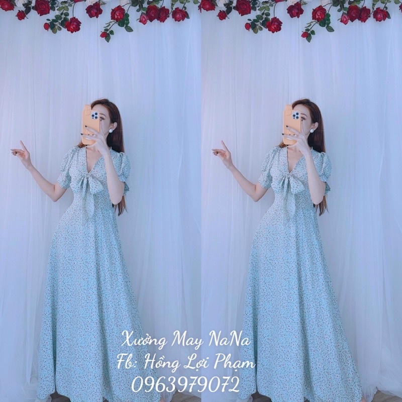 Maxi hoa nhí cột nơ tay phồng