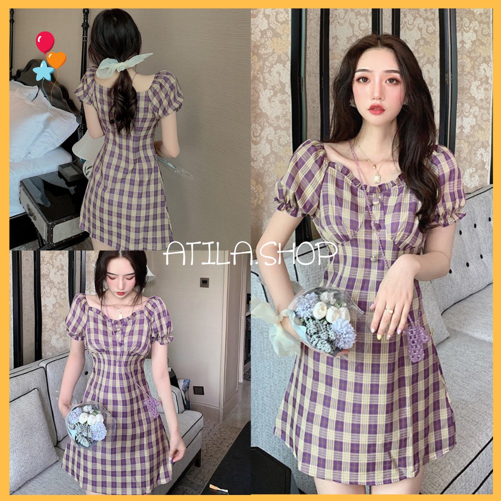Đầm nữ , váy nữ dáng ôm tay bồng họa tiết caro phong cách retro ATILA SHOP
