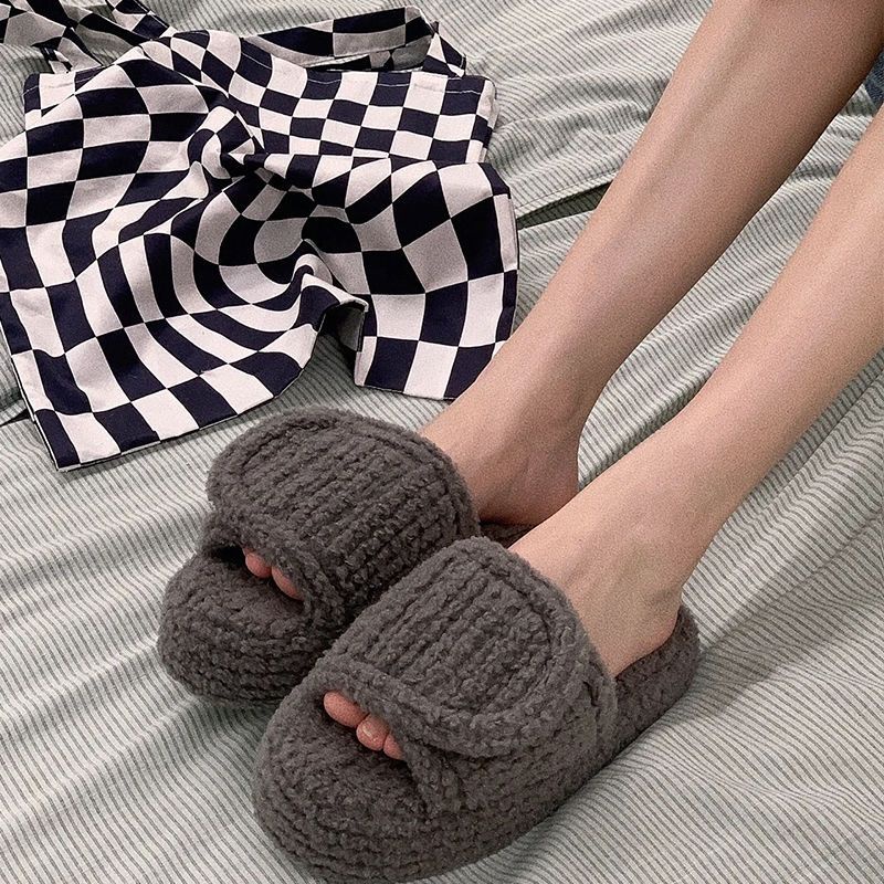 Dép Quai Ngang Đế Xuồng Quai Dán Lông Xù Thời Trang Dành Cho Nữ