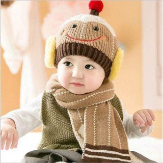 set khăn mũ Len mặt cười cho bé mẫu ngẫu nhiên