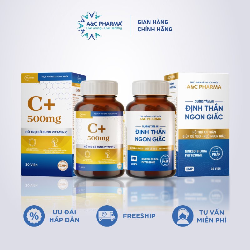 Combo Viên uống Tăng cường đề kháng Bổ não ngủ ngon Vitamin C+ 500mg 3in1 và Dưỡng tâm an A&amp;C Pharma