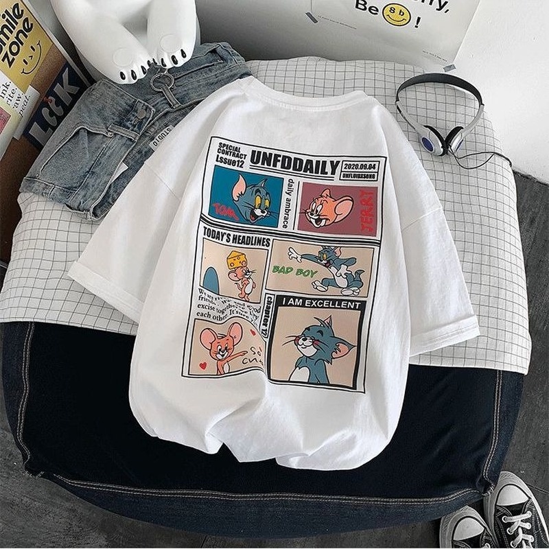 Áo Thun Ngắn Tay Dáng Rộng In Hoạt Hình Phong Cách Hàn Quốc Trẻ Trung Cho Nam Nữ