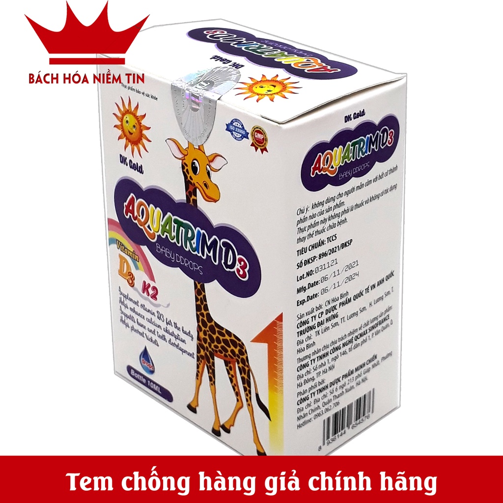 AQUATRIM Vitamin D3 K2 Mk7 Lọ 10ml dạng nhỏ giọt  giúp bé hấp thụ canxi tăng trưởng chiều cao, nhanh mọc răng
